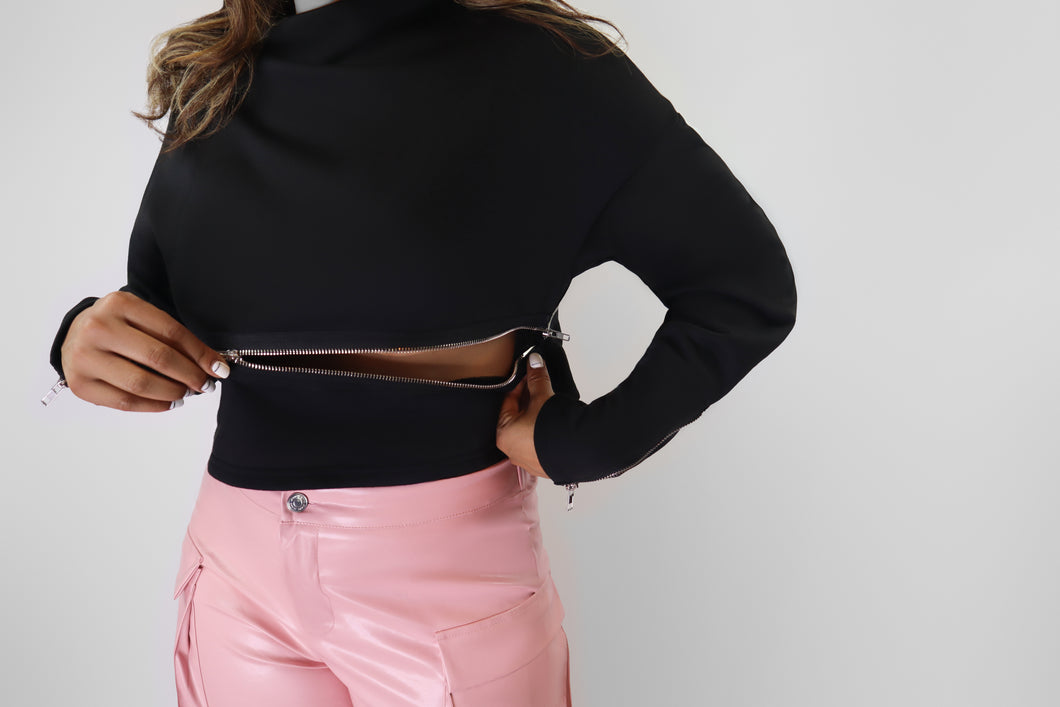 Irregular Zip-Up Crop Sweat Shirt